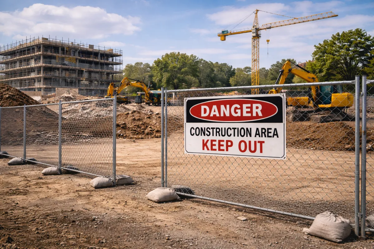 Image of Temporary Fencing on construction site with a sign saying Danger, Construction area, Keep out