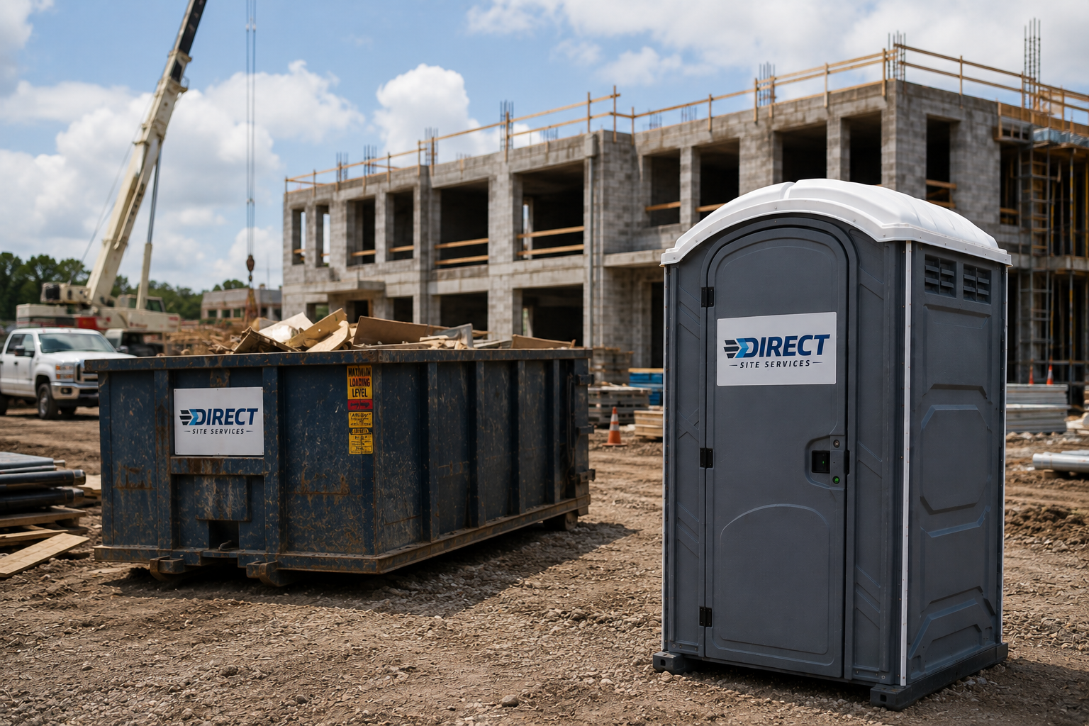 Construction site with dumpster and porta potty.